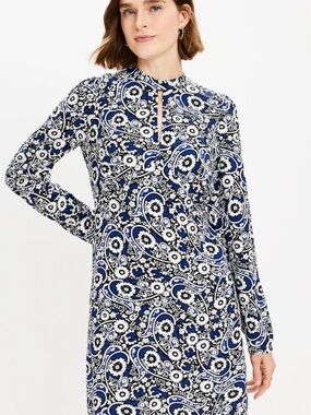 LOFT Blue, White and Black Paisley-Print Long-Sleeve Midi Dress